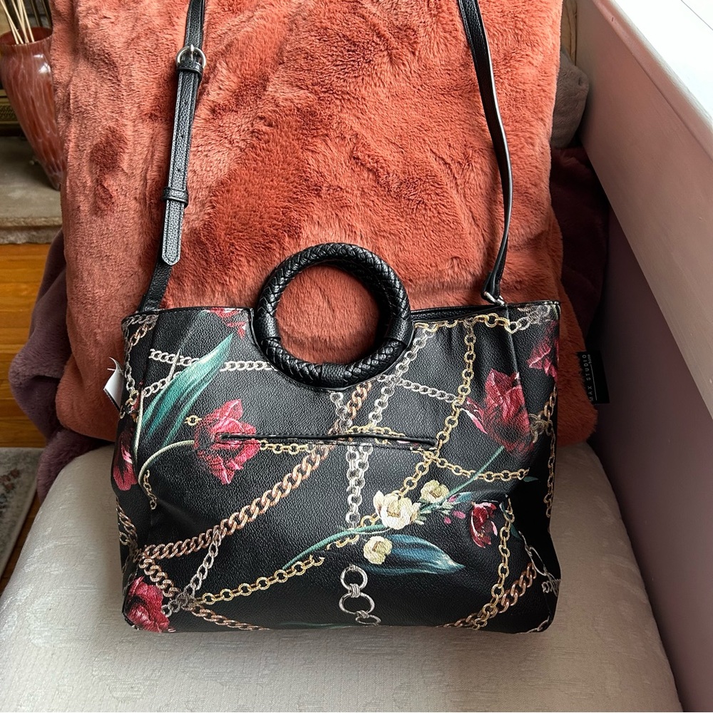 Dana Buchman, black floral vegan satchel crossbody bag - Picture 3 of 15